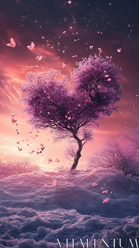 Heart-Shaped Tree in Dreamy Pink Clouds.