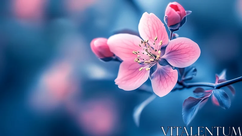 Pink blossoms with buds against soft blue bokeh background
