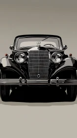 Front-elevation study of streamlined vintage luxury roadster.
