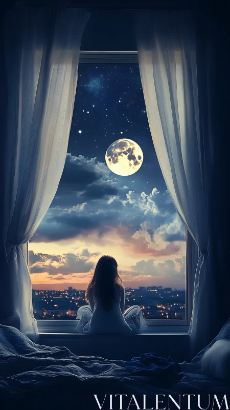 Girl at window watching moonrise above glowing city night.