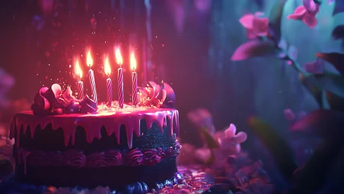 Neon Birthday Cake with Lit Candles. Glowing Pink.