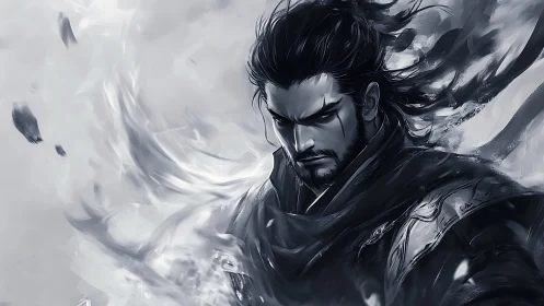 Storm-kissed warrior stands calm in swirling monochrome winds