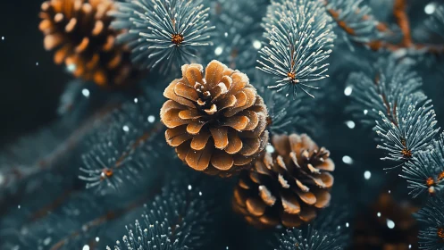 Close-up of frost-covered pine cones and needles in winter.