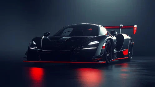 Sleek black race car glows under moody studio lighting