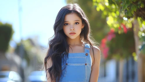 Young Girl in Denim Overalls Outdoors in Sunlight.