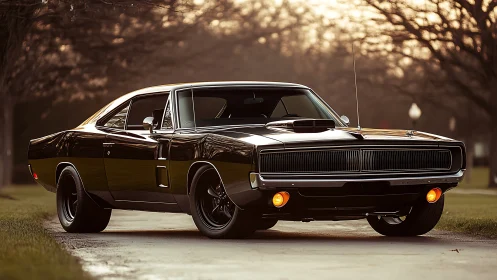 Glossy black muscle car stands on tree-lined park road at dusk