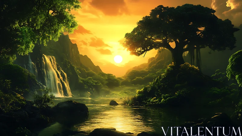 Sunlit valley river with waterfall and large tree at dusk.