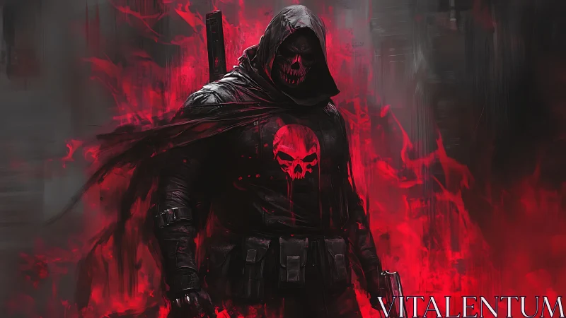 Hooded skull-masked vigilante emerges in red spectral flames