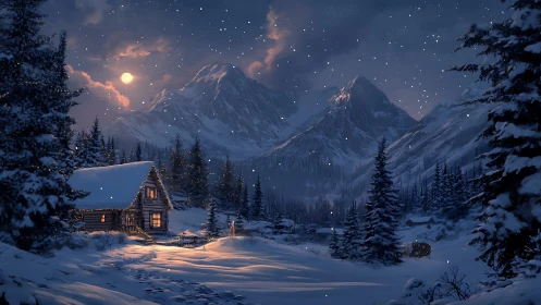 Snow-laden alpine cabin under moonlit peaks, warm-lit interior