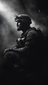 Armed soldier in profile sits in low key directional light