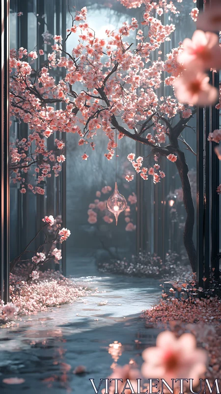 Parametric cherry corridor with suspended glass droplet lumen.