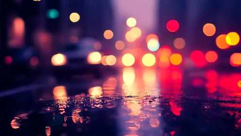 Neon city lights shimmer across a rainy midnight street