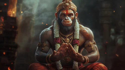Powerful humanoid monkey deity in ornate ritual setting.