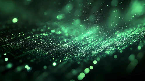 Abstract digital green matrix with glowing particles, futuristic style.