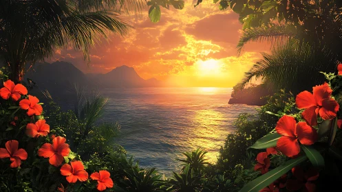 Digital seascape depicts tropical coastline at sunset