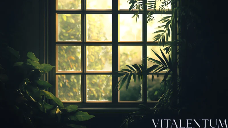 Backlit window grid filters warm foliage glow through condensation