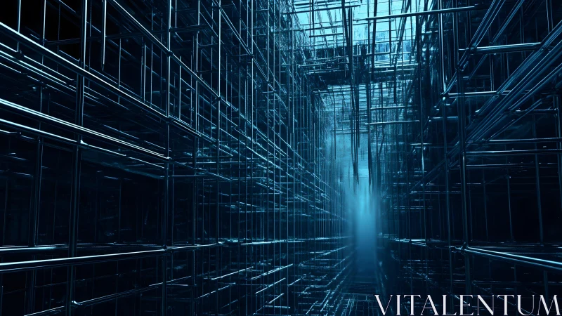 Futuristic metallic grid tunnel in blue digital art style.