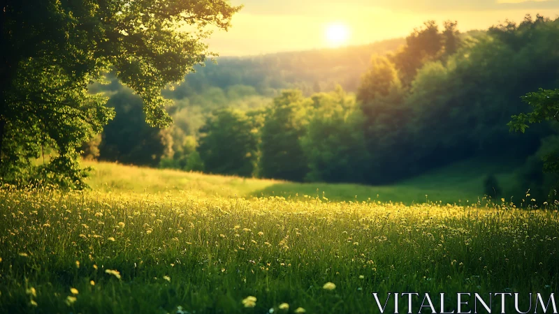 Sunlit meadow with wildflowers and distant forest at sunset.