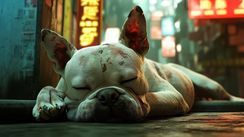 Sleeping bulldog rests on neon lit city sidewalk at night