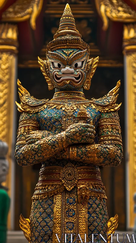 Golden temple guardian wrapped in sparkling mosaic armor.