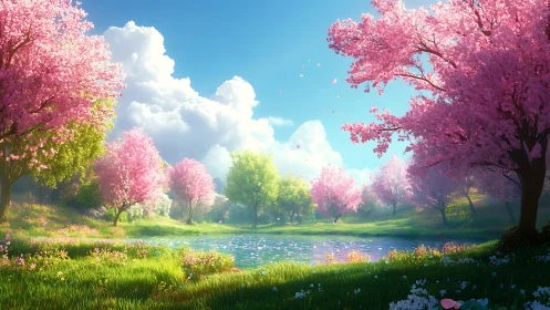 Spring cherry blossom meadow around tranquil blue pond.