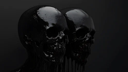 Gleaming twin skulls share a dark, hauntingly glossy silence