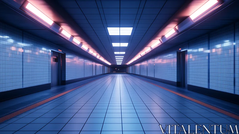 Symmetrical tiled subway corridor with blue and pink lighting.