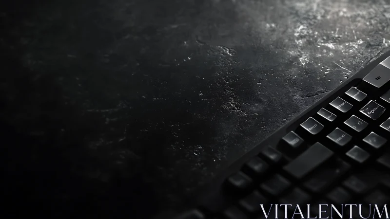 Low-key keyboard macro on textured dark workspace surface.