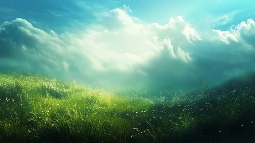 Sunlit wildflower meadow beneath luminous rolling clouds.