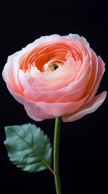 Soft pink ranunculus macro against deep black background.