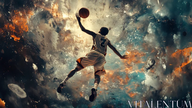 Soaring basketball player leaps into a bold cosmic dream