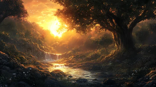 Golden sunset warms a quiet forest stream and gentle waterfall