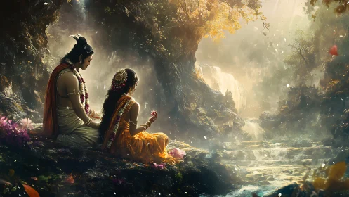 Divine couple rest beside a misty, sunlit forest waterfall.