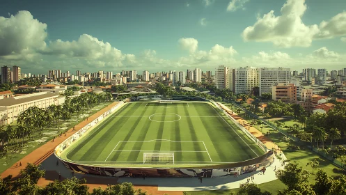 Panoramic urban football stadium with elevated landscaped track.