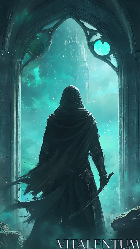 Hooded wanderer pauses at a glowing gothic gateway.