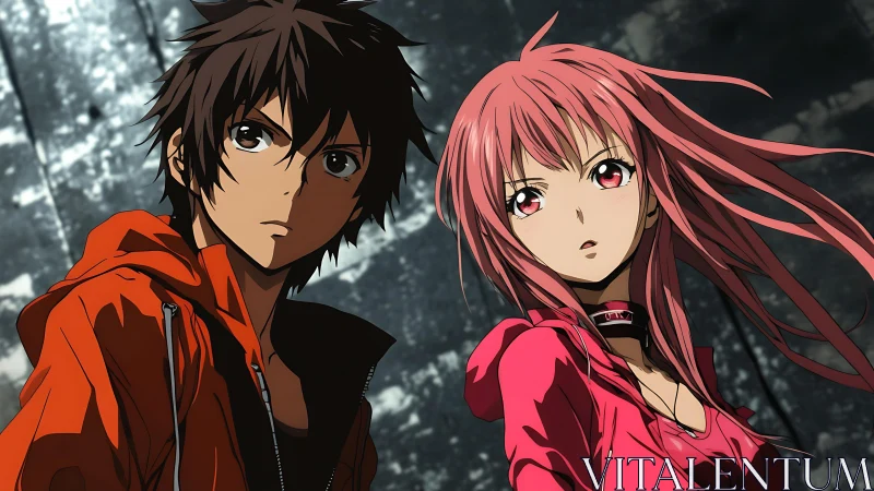 Dual-anime protagonists in wind-swept urban tension field.