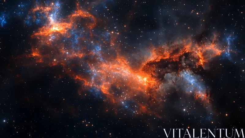 Fiery star-forming nebula stretches across deep black space.