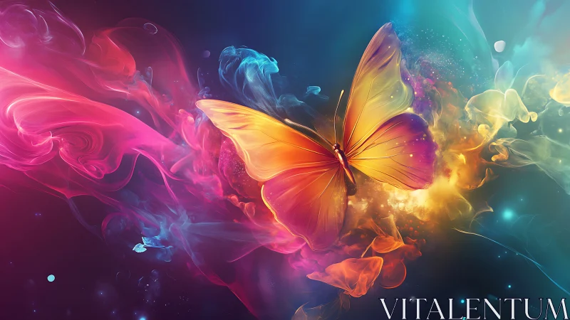 Butterfly glows amid multicolored nebula-like swirling light
