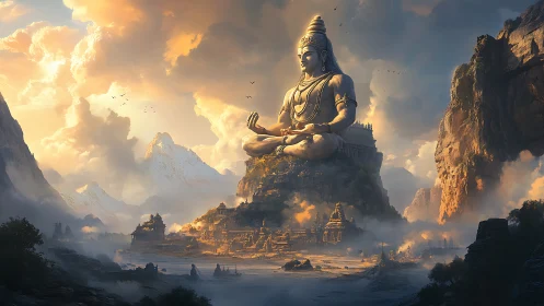 Colossal mountain deity statue dominates misty valley temple