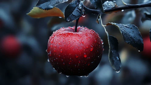 Red apple hangs after rainfall with cool-toned foliage