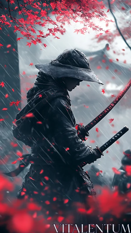 Solitary samurai under crimson maple in storm rain.