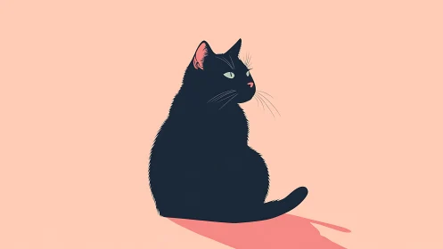 Black Cat Sitting with Pink Shadow on Peachy Background