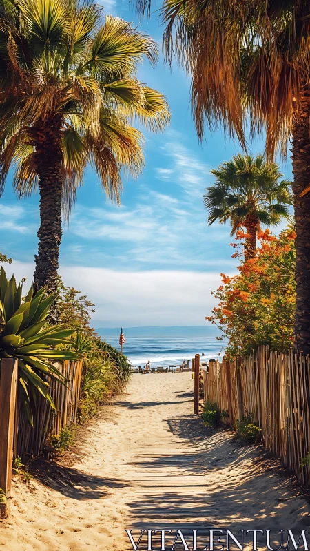 Coastal Beach Gateway: Palm Framed Sandy Path to Ocean Vista