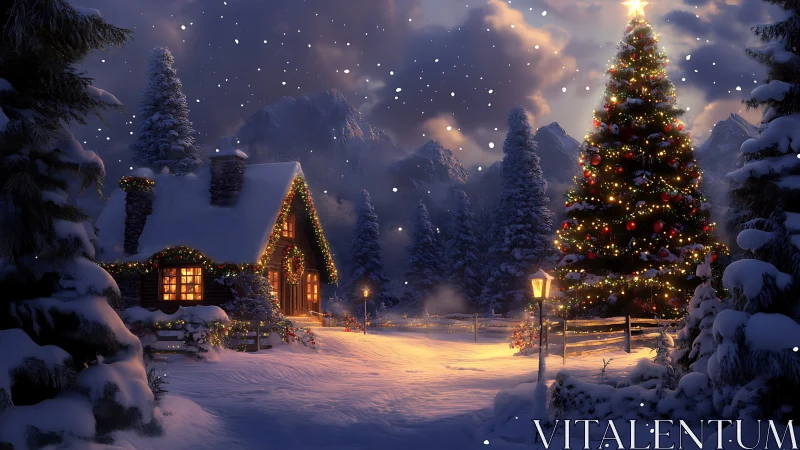 Snowy mountain cabin glows beside a radiant Christmas tree