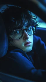 Moody blue portrait of teen with glasses in car seat.