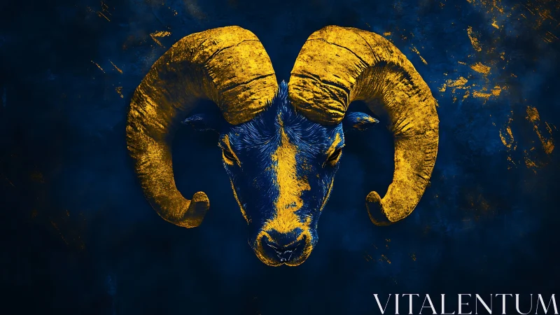 Ram head illustration in blue and yellow contrasting palette.