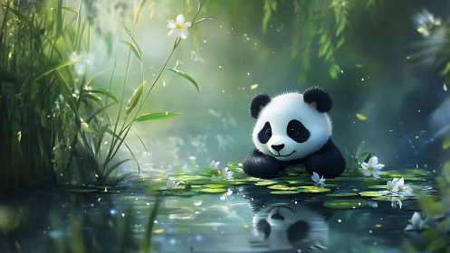Young panda on lily pads in dense green wetland scene.