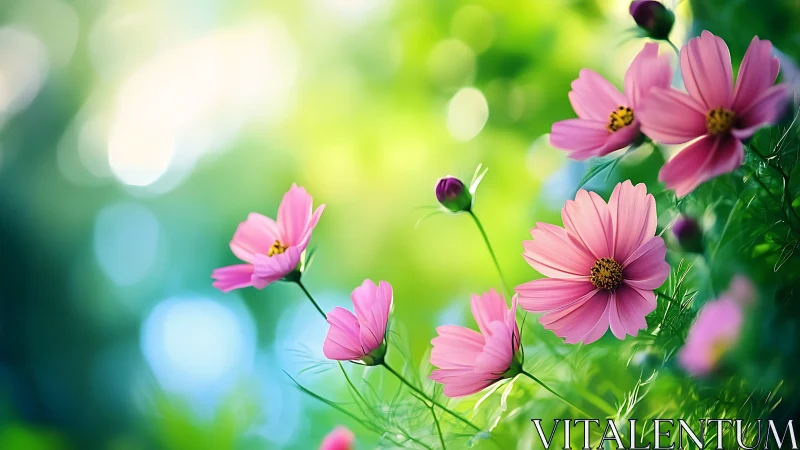 Pink cosmos flowers against soft green bokeh background.