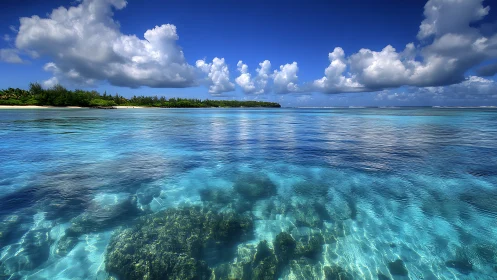 Crystal lagoon and tropical shoreline under vivid blue sky.