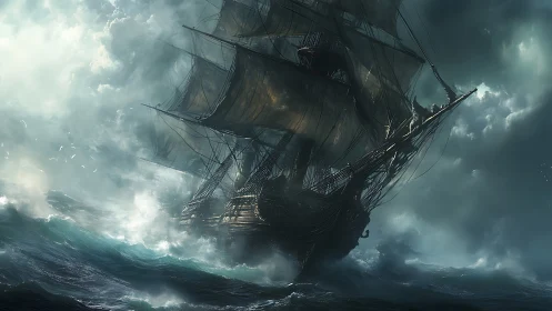 Storm-tossed ghostly galleon sailing through wild sea mists.
